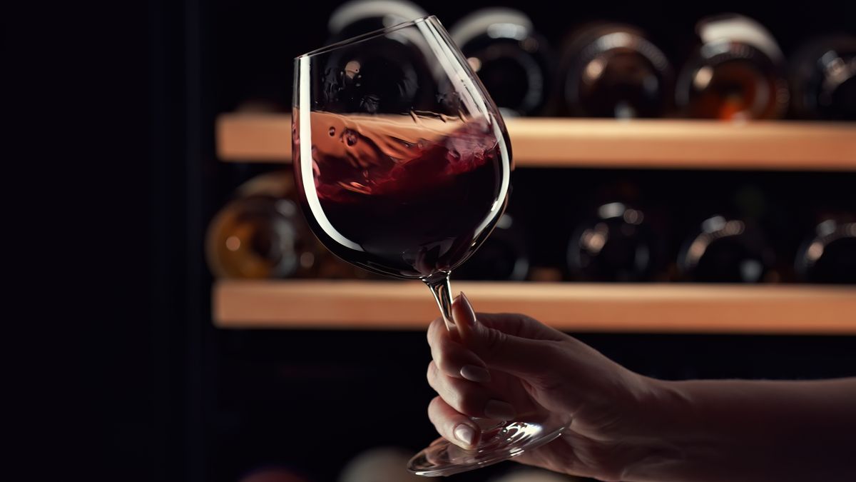 Close,Up,Female,Hand,Swirling,Red,Wine,In,Wine,Glass.