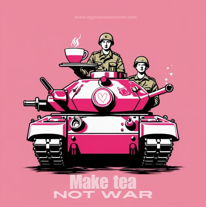 Rózsaszín tank katonákkal, "Make Tea Not War" szlogennel, az 56-os forradalom békés ellenállásának szimbóluma.