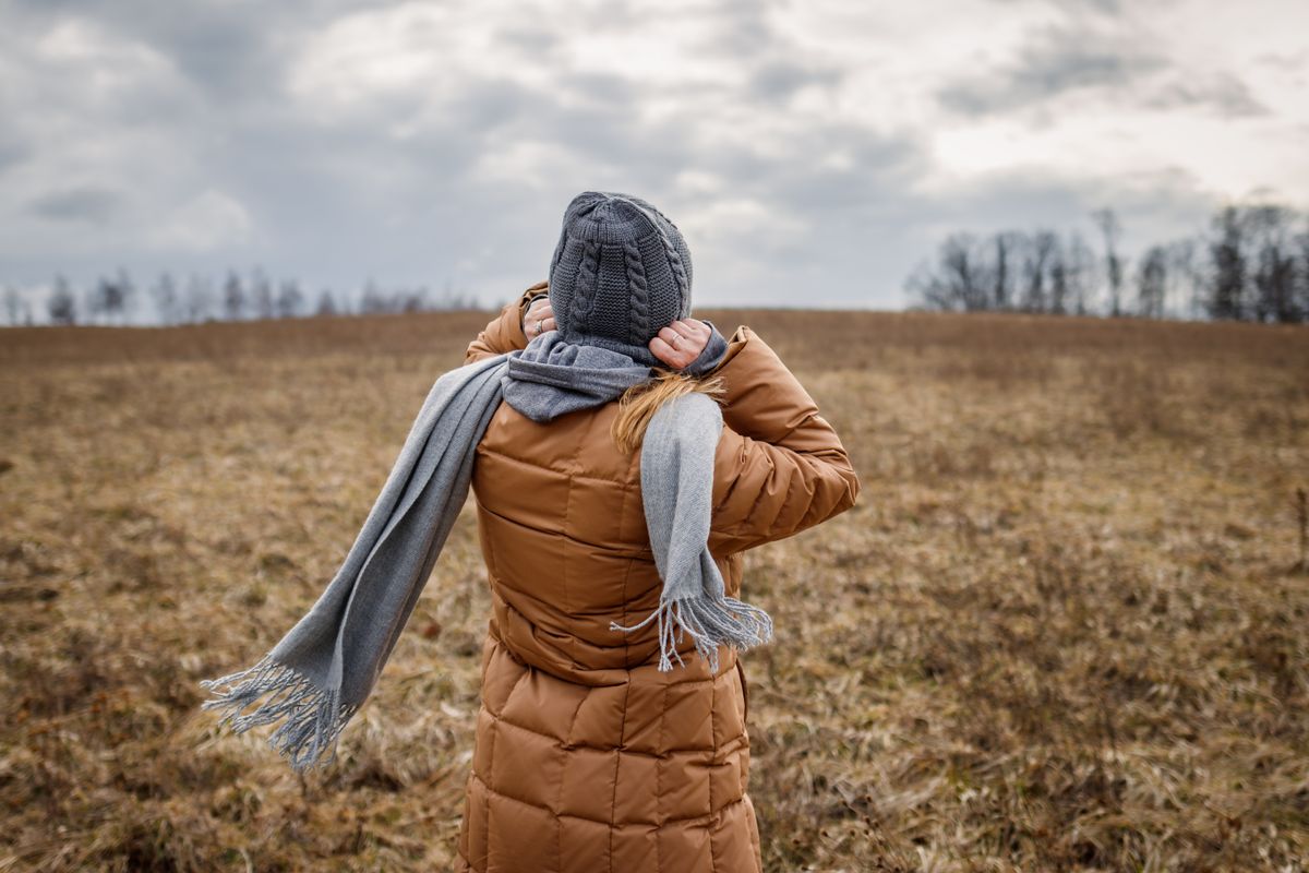 Wind,And,Cold,Weather.,Woman,Wearing,Coat,,Scarf,And,Knit MELEGFRONT
