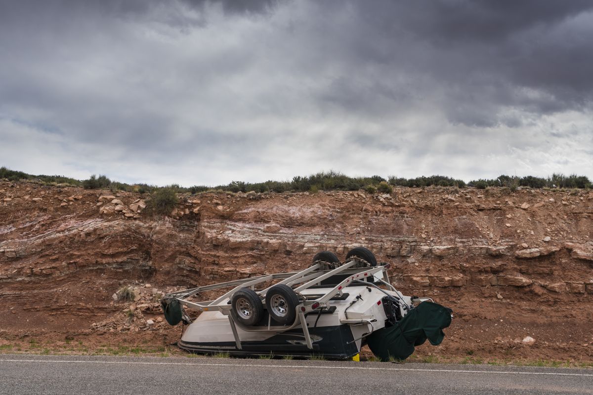 Crash,Accident,Involving,A,Boat,Overturned,On,A,Highway,In