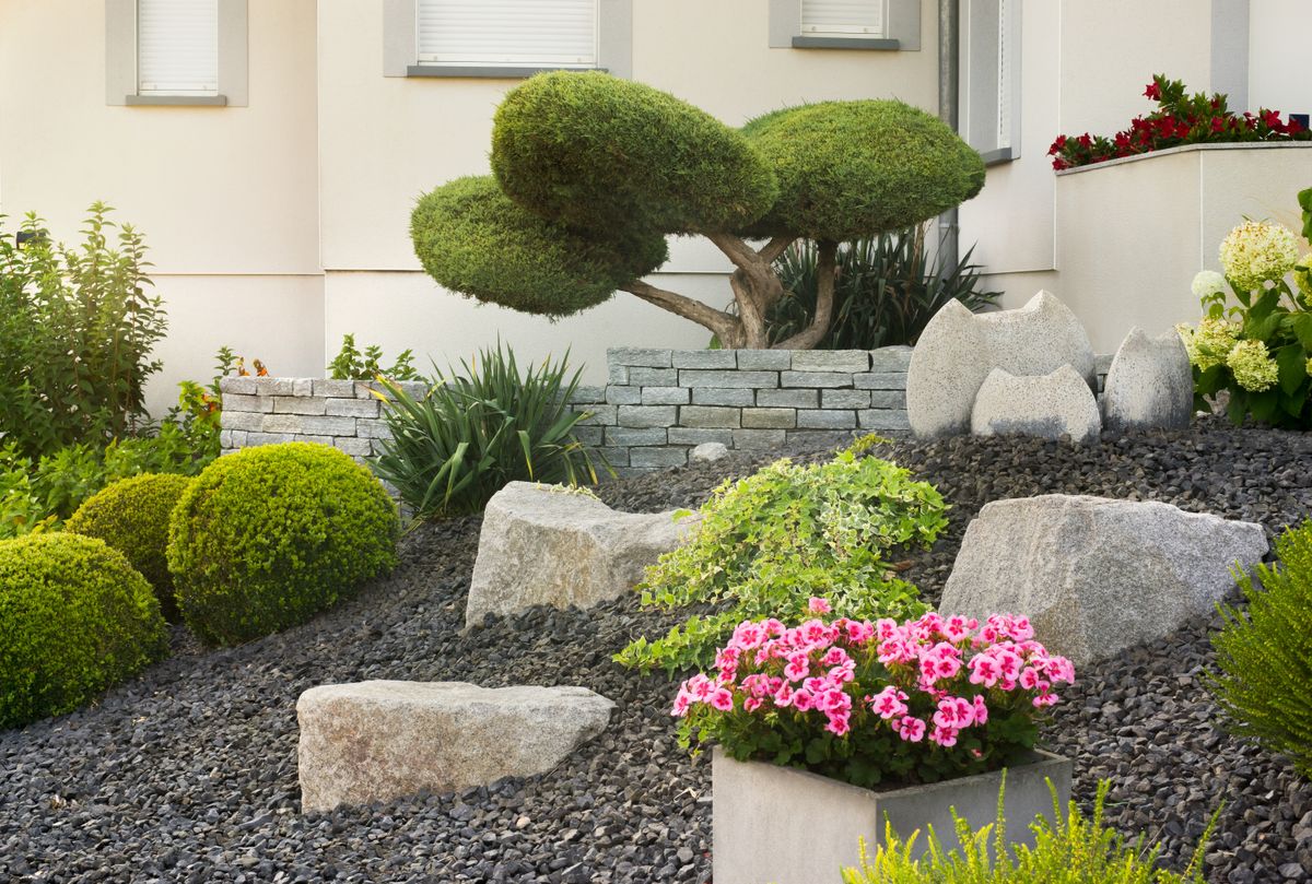 Modern,Front,Garden,With,Bushes,And,Flowers,And,Rocks