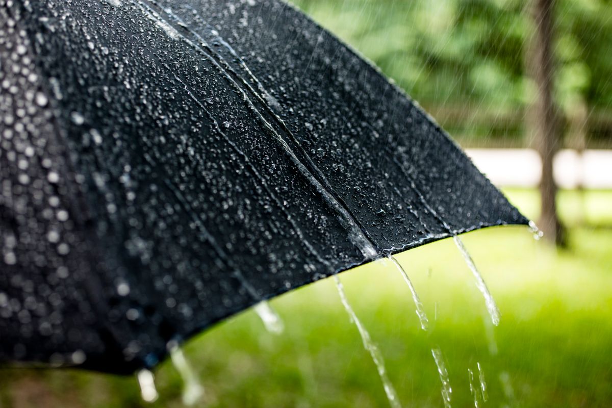 Rainy day. Raindrops falling on black umbrella outdoors. Spring, summer. időjárás