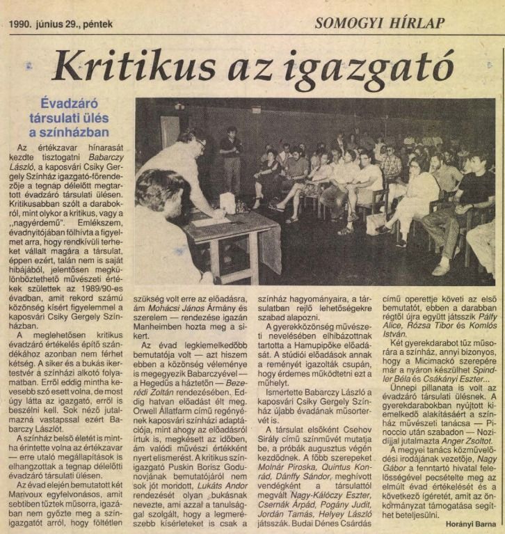 A Somogyi Hírlap korabeli tudósítása a Csiky Gergely Színházról.